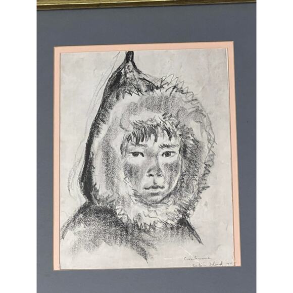 Native Inuit Child Charcoal Sketch Print 1940's Framed 16 x 14 Art Children - Picture 2 of 7